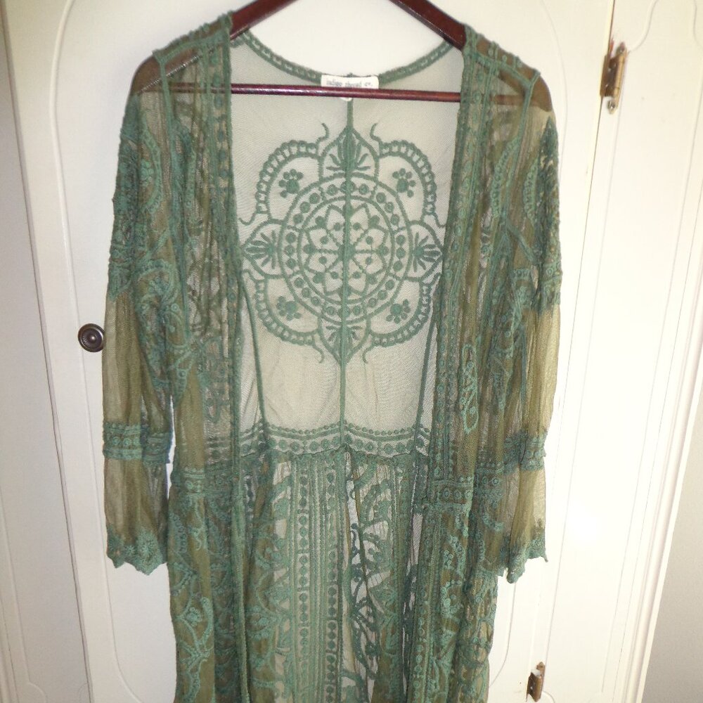 NWOT Indigo Thread Co. Sheer Embroidery Boho Open Duster XS Green  Long Sleeves